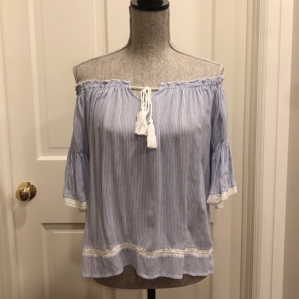 American Eagle Blue/White Striped Off Shoulder Top